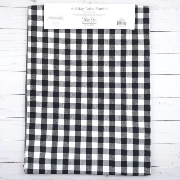 Holiday Table Runner 13x72 Buffalo Plaid Pinecone Winter Black White - Picture 3 of 3